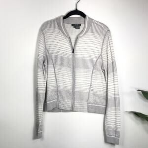 James PerSe Womens Full Zip Sweater Gray White Pattern Simple Casual Grandma
